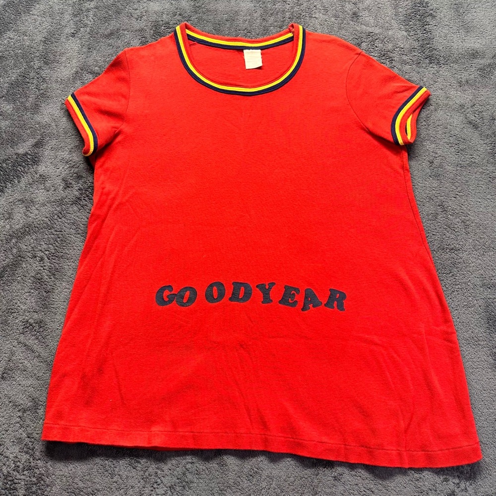 Vintage Made In California Goodyear Ringer T-Shirt Red Kids Large Rainbow Sleeve